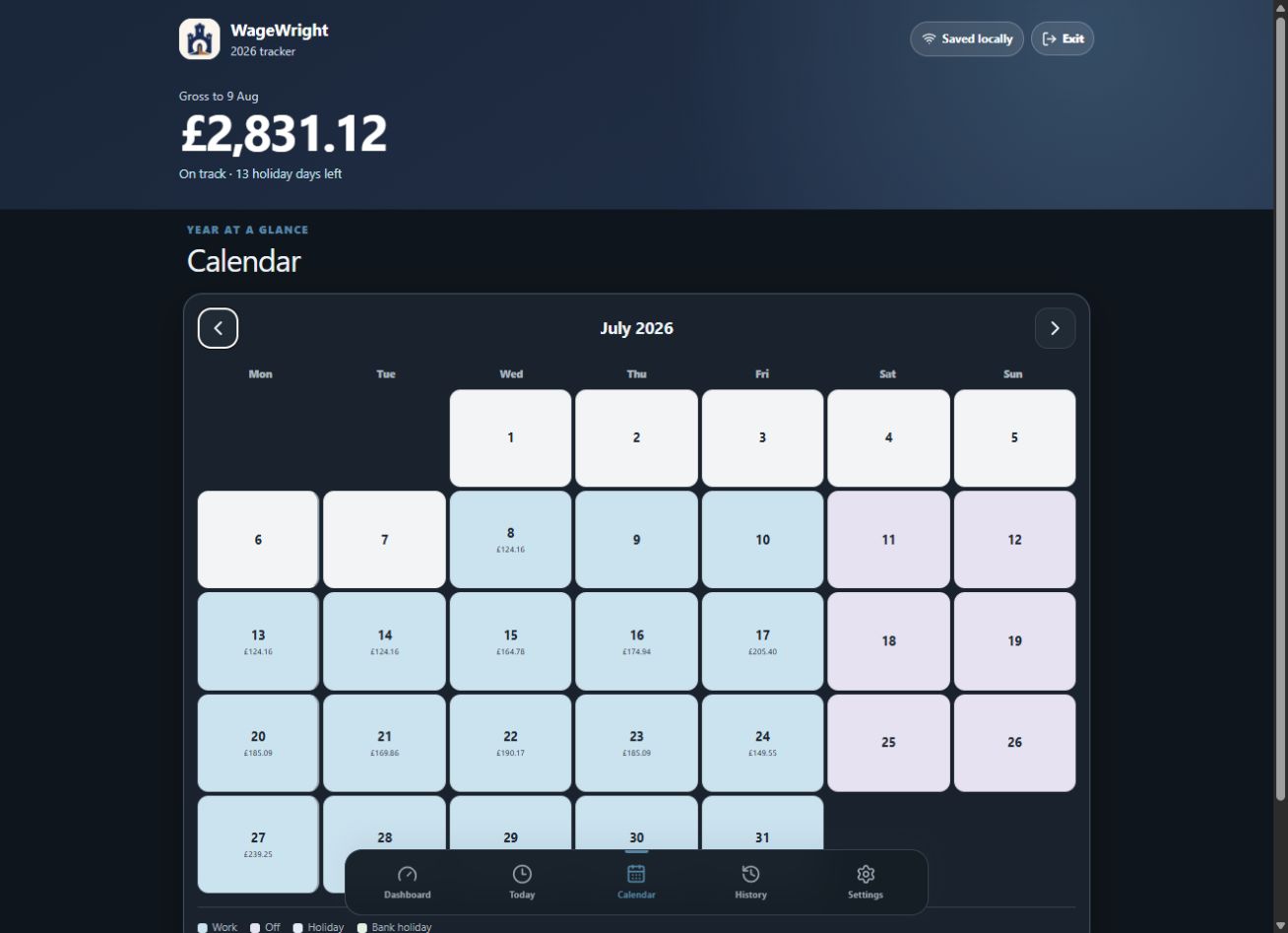 WageWright dark-theme calendar showing a month of recorded shifts