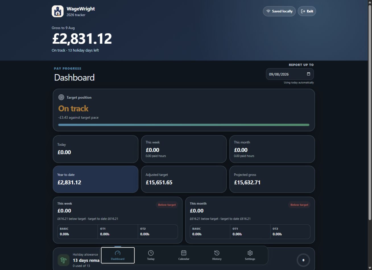 WageWright dark-theme dashboard showing earnings and target progress