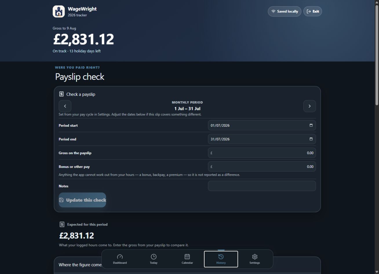 WageWright dark-theme payslip checker comparing logged hours with a payslip